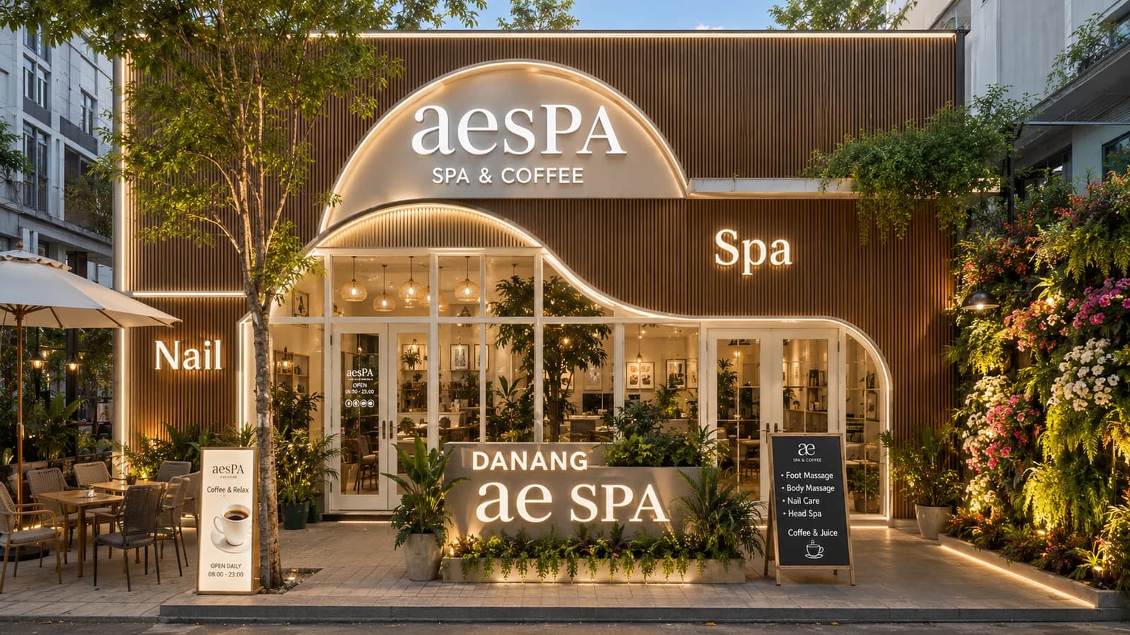 aesPA Spa & Coffee 간판과 출입구를 보여주는 외관 이미지